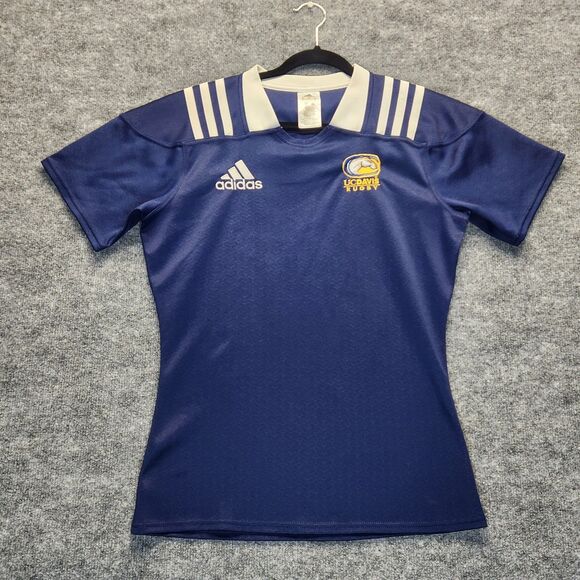 Adidas UC Davis Rugby Jersey Womens Large Stripped Shoulder Embroidered Logos - Picture 1 of 9